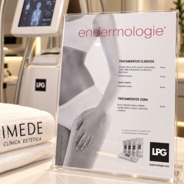 Presentación de los tratamientos LPG Endermologie en IMEDE, con equipo LPG y folleto de tratamientos corporales.