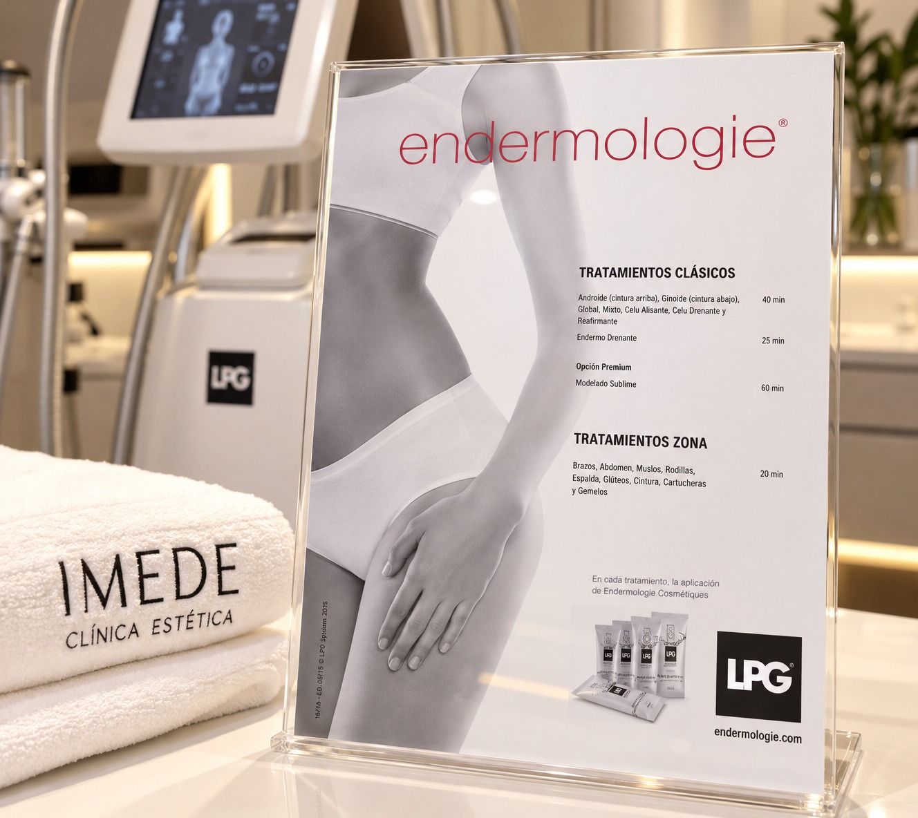 Presentación de los tratamientos LPG Endermologie en IMEDE, con equipo LPG y folleto de tratamientos corporales.